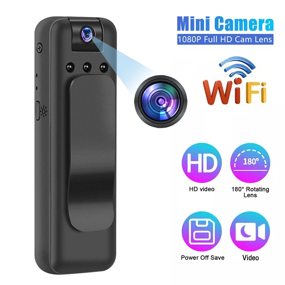 Black plastic mini body camera with a belt clip, 180-degree rotating lens, WiFi connectivity, and 1080p recording.