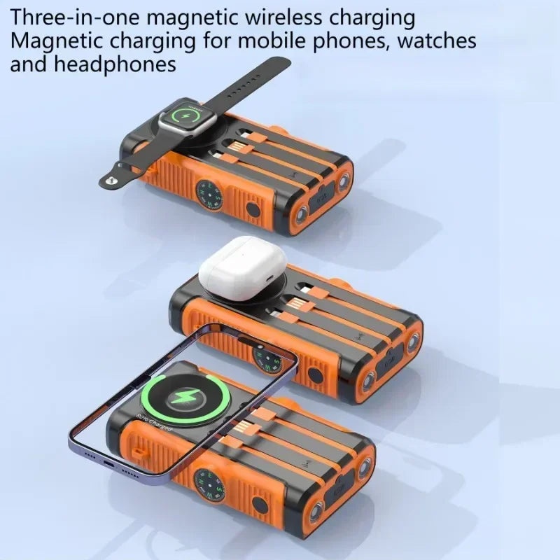 Rugged orange and black 20000mAh solar power bank with magnetic wireless charging for phone, watch, and earbuds.