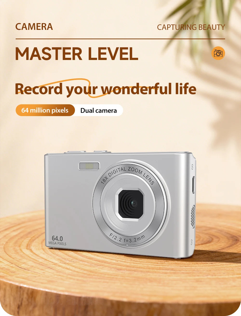 Silver digital camera with a 64MP dual lens system and 18x digital zoom on a wooden surface.