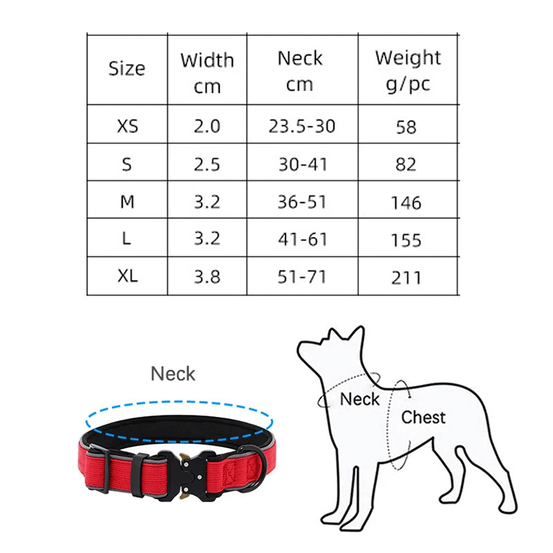 Red heavy-duty nylon dog collar with black metal buckle, reflective stitching, and sizing chart graphic.