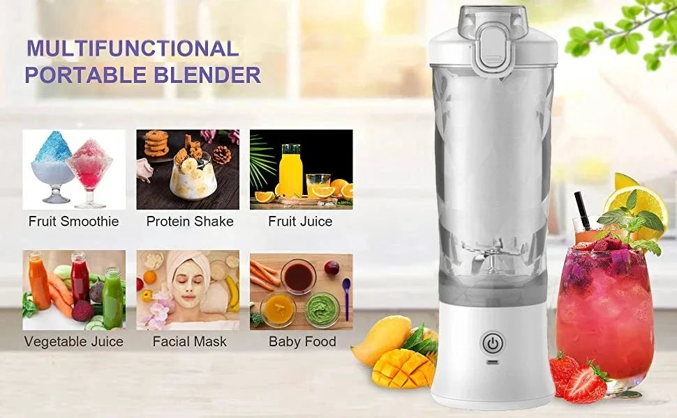 Portable white blender with a clear cup, showing various drink and food applications around it on a kitchen background.