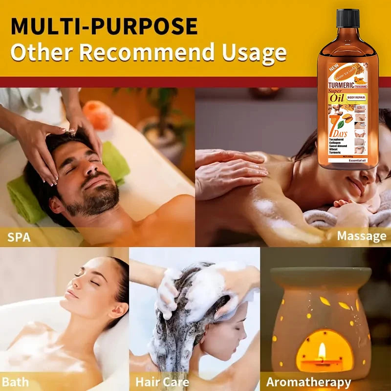 Turmeric body oil bottle with collage showing massage, spa, hair care, and aromatherapy uses.