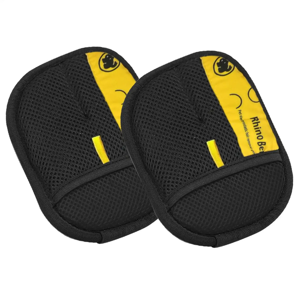 Two black and yellow mesh Rhino Bear pet hair removal gloves with a palm strap.