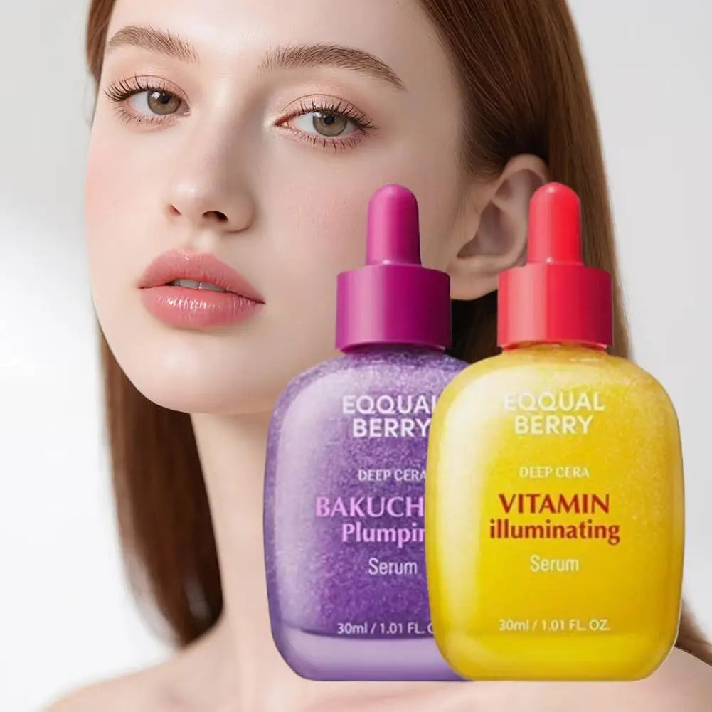 Two 30ml serum bottles, one purple plumping and one yellow illuminating, with dropper lids in front of a woman's face.