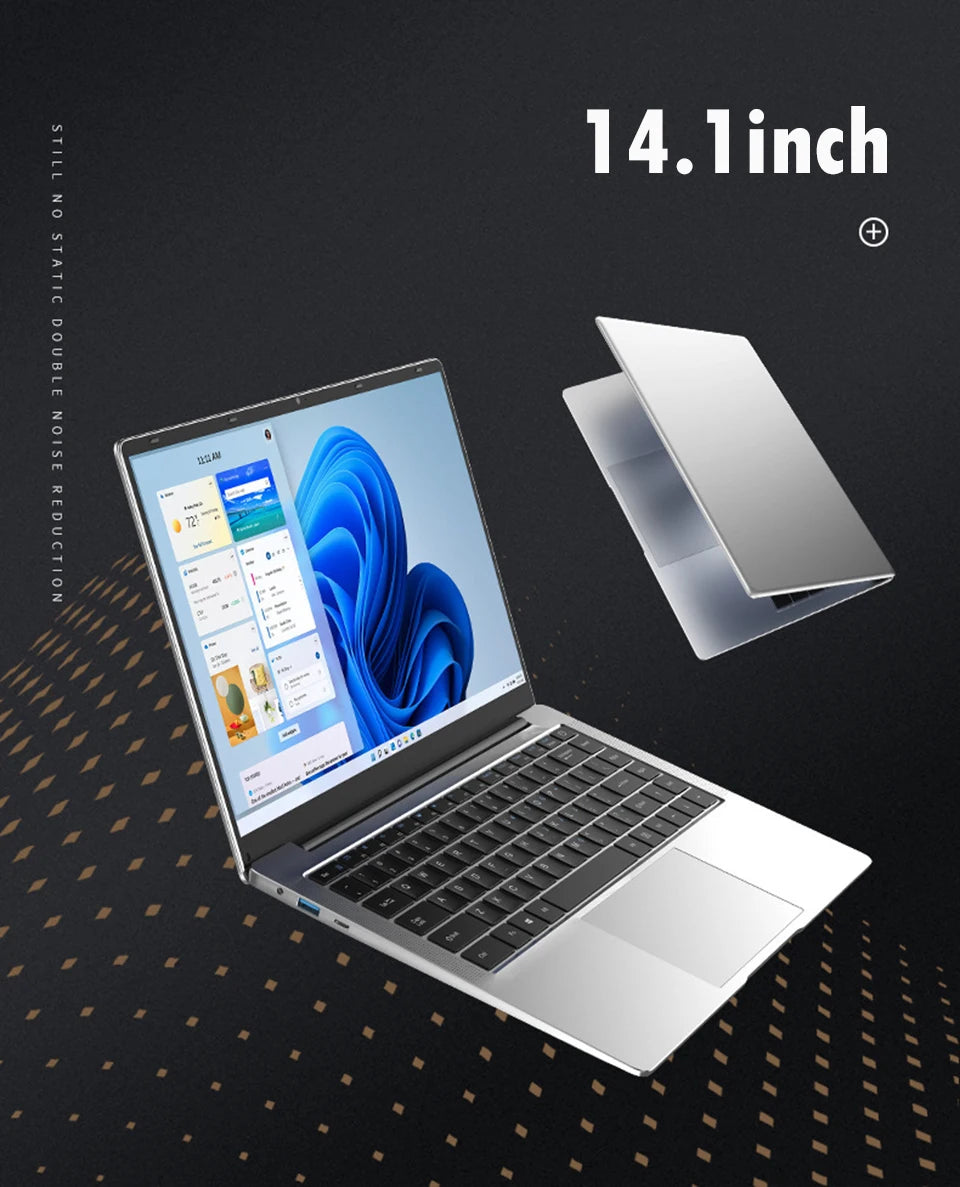 Slim, silver 14.1-inch laptop showing both open and closed views on a dark background.