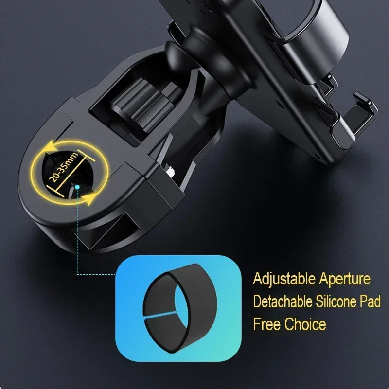 Black adjustable mobile phone mount with a 20-35mm clamp, rotating head, and detachable silicone padding.