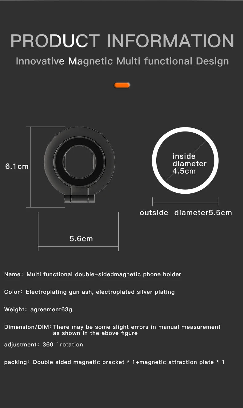 Black circular double-sided magnetic phone holder with 360-degree rotation, shown with dimension diagrams.