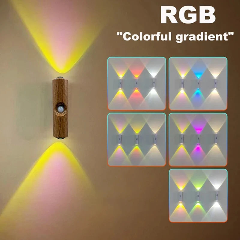 Wood-effect rechargeable wall lamp with motion sensor, emitting dual-beam RGB colourful gradient lighting.