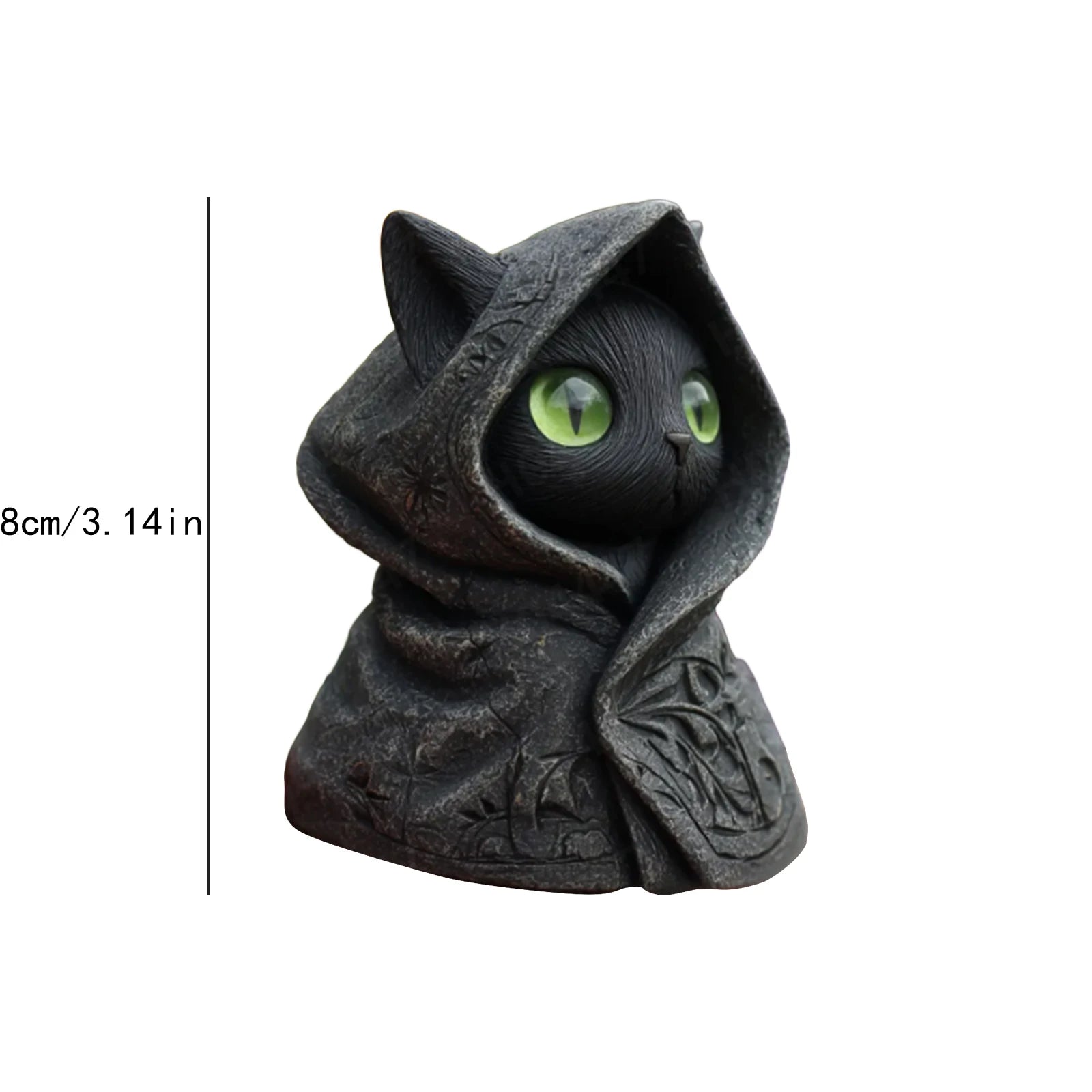 Small black cat figurine in a textured dark hooded cloak with striking bright green eyes. Measures 8cm tall.