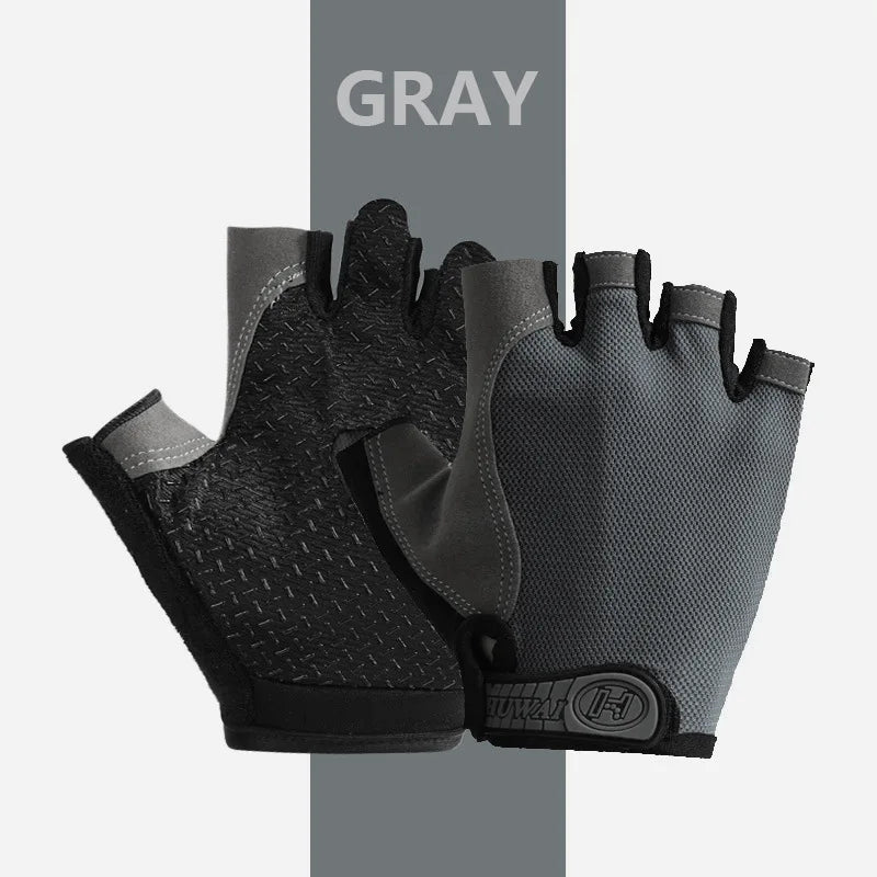 A pair of grey fingerless cycling gloves with textured palms and breathable mesh fabric on the back.