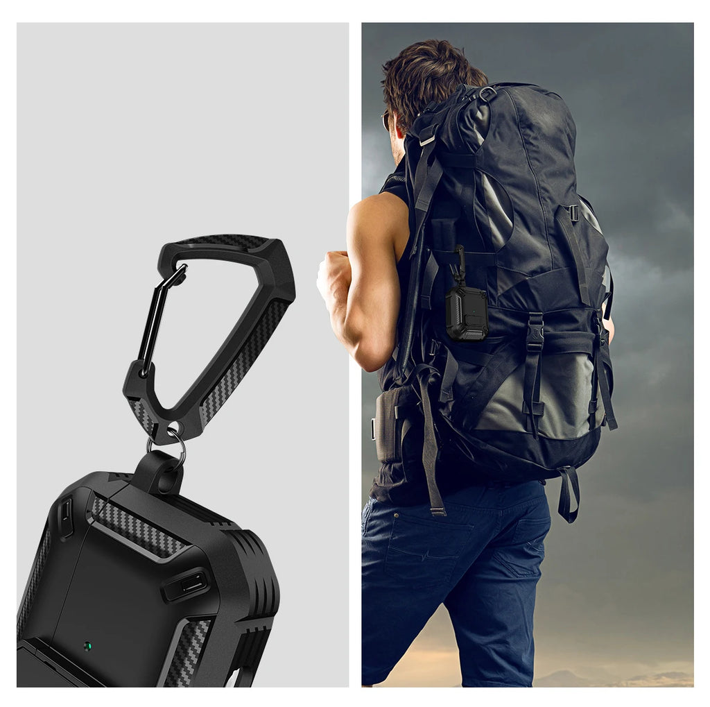 Rugged black carbon fibre-style AirPods case with carabiner attached to a backpack. Durable protective design.