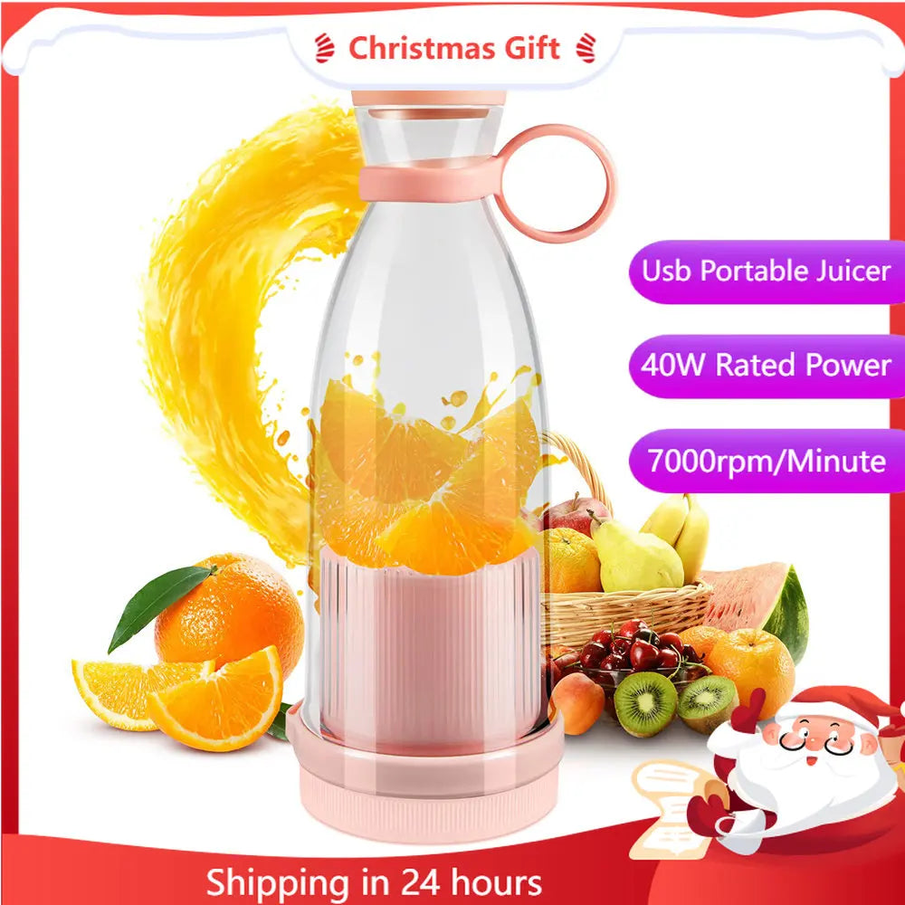 Clear, portable, pink USB-rechargeable juicer blender bottle with a fruit design, isolated on a white background.