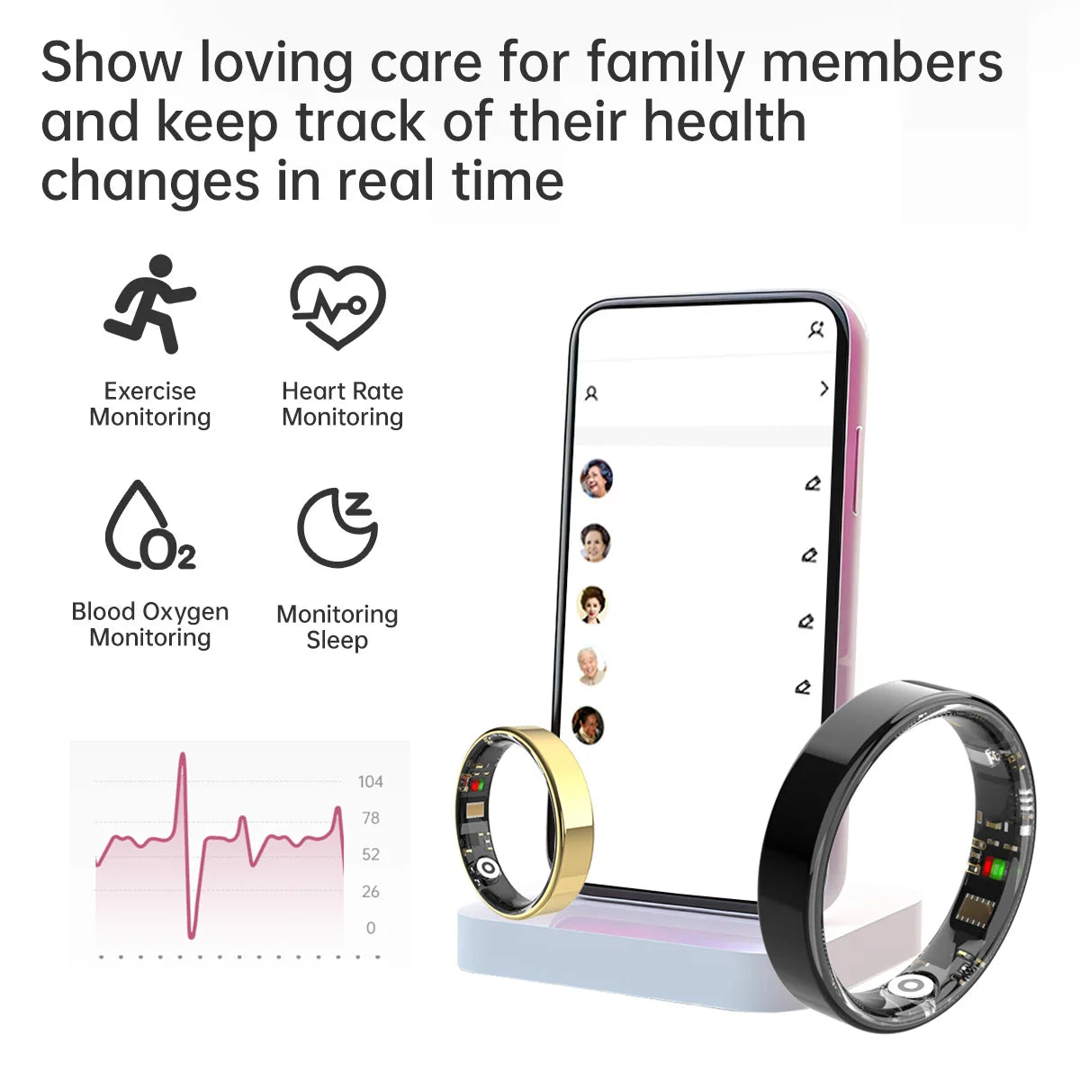 Gold and black smart health rings, mobile app interface showing family tracking, and icons for exercise and sleep.