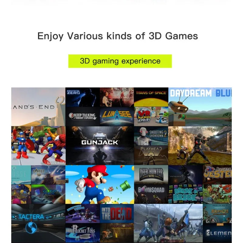 Collage of various colourful 3D VR game titles and gameplay scenes, showcasing a diverse range of gaming experiences.