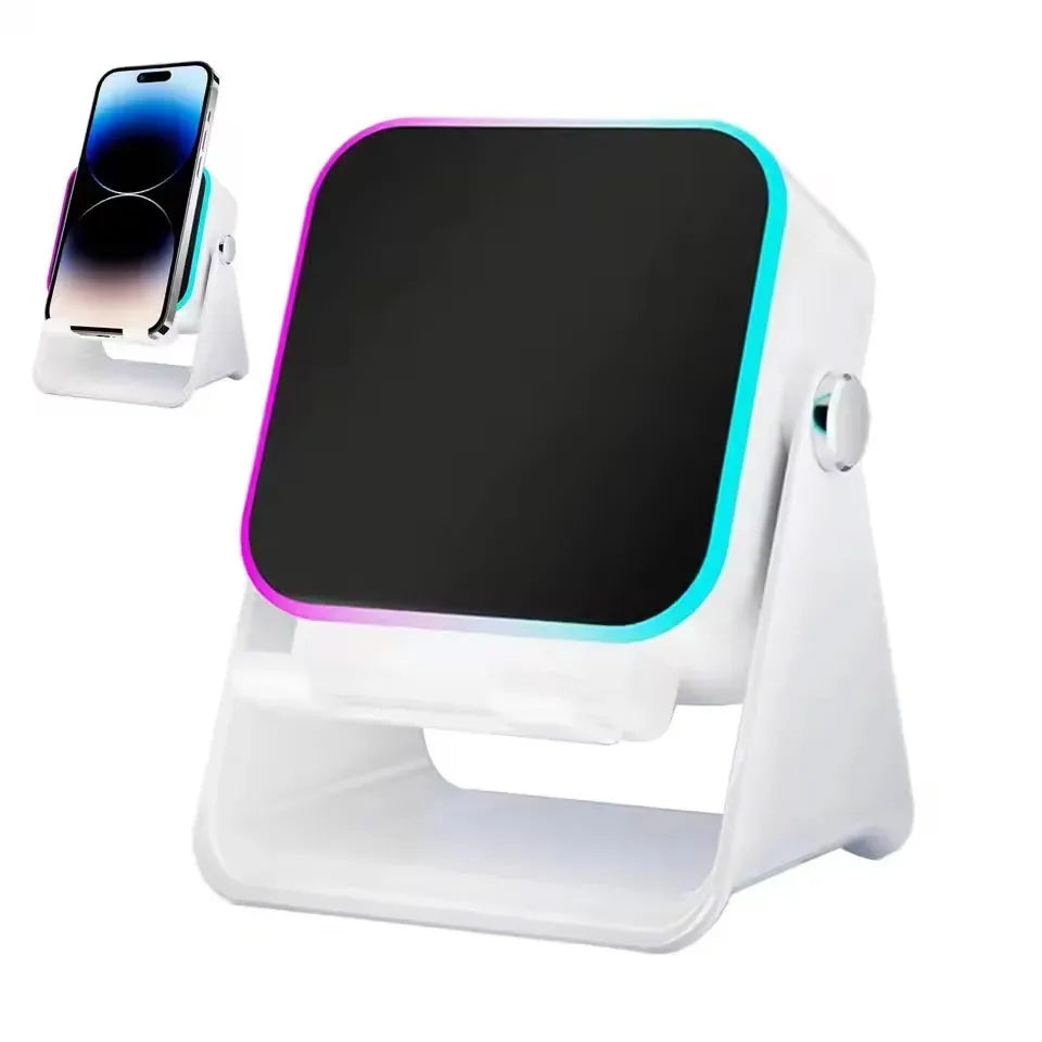 White portable Bluetooth speaker with RGB edge lighting, acting as an adjustable phone stand.