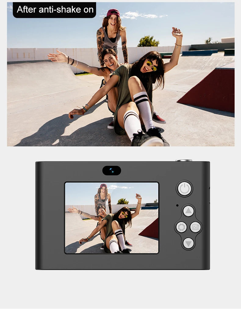 Black plastic digital camera with a rear screen displaying an image of three young women in a skate park.
