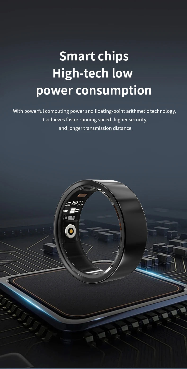 Sleek, black waterproof smart health ring showing interior sensor technology resting on a microchip background.