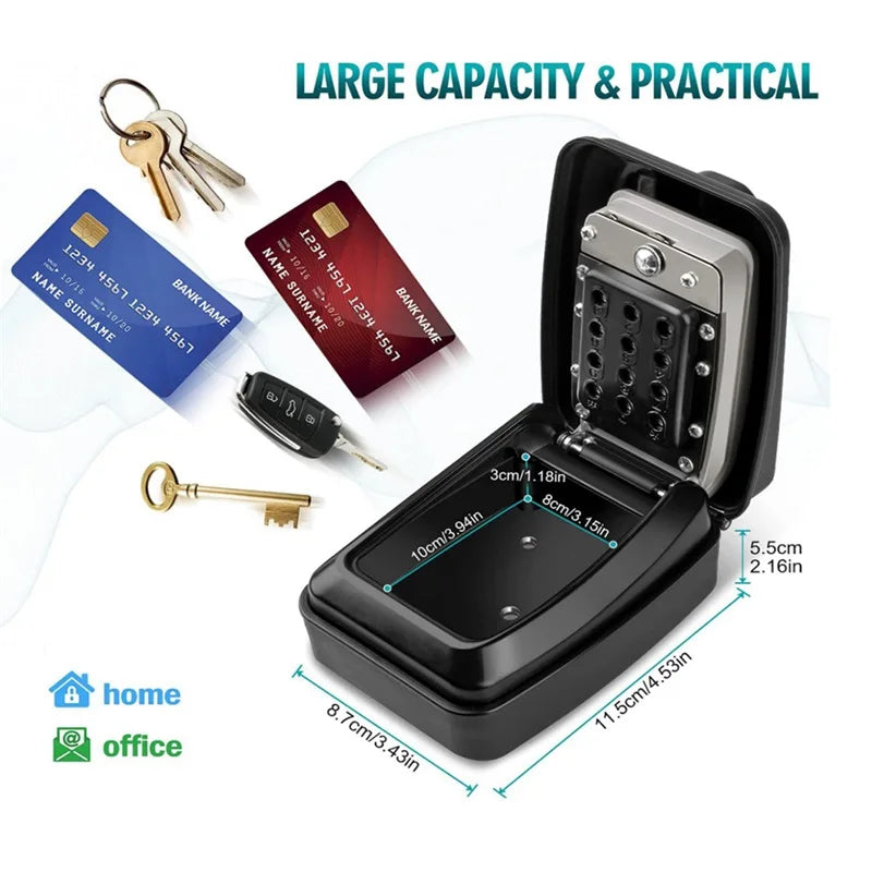Black metal wall-mounted key lock box with a push-button combination mechanism, shown with keys and credit cards.