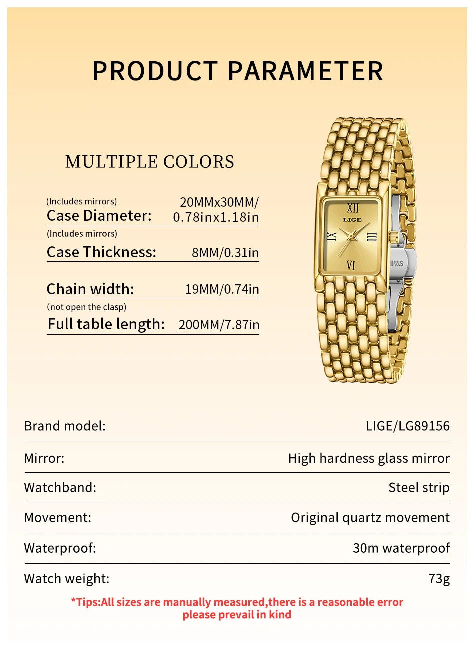 Luxury square gold-tone quartz ladies' watch with a polished stainless steel link bracelet and classic dial.