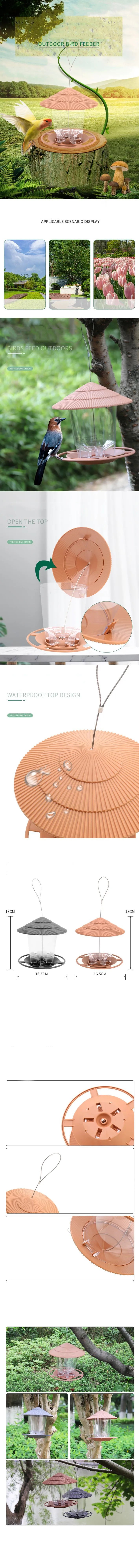 A hanging bird feeder with a tiered, ribbed, pastel-colored roof and clear reservoir, shown in peach and grey.