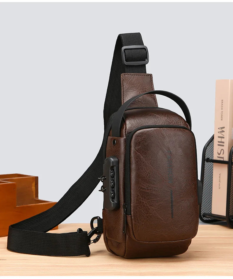 Dark brown faux leather crossbody sling bag with a black adjustable strap, combination lock, and side USB port.