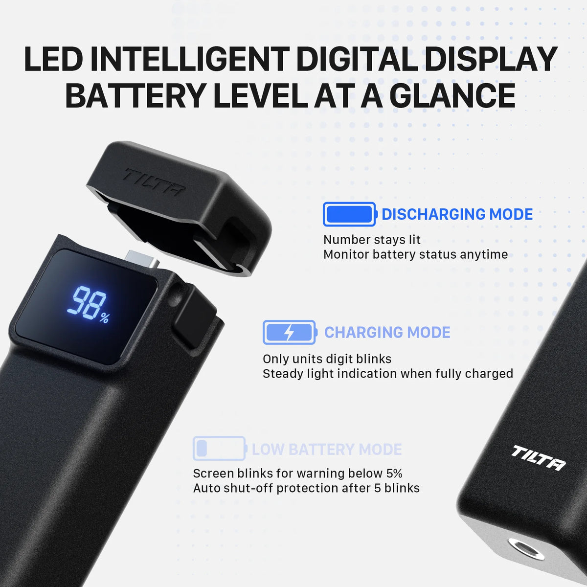 Product info graphic displaying the LED display on a Tilta power supply with explanations for different modes.