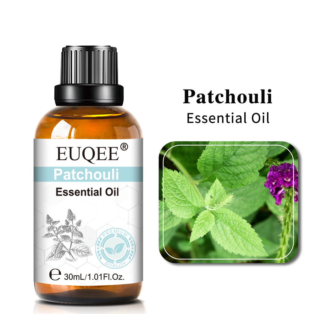 30ml amber glass bottle of Patchouli essential oil with a black dropper cap, featuring a botanical plant image.