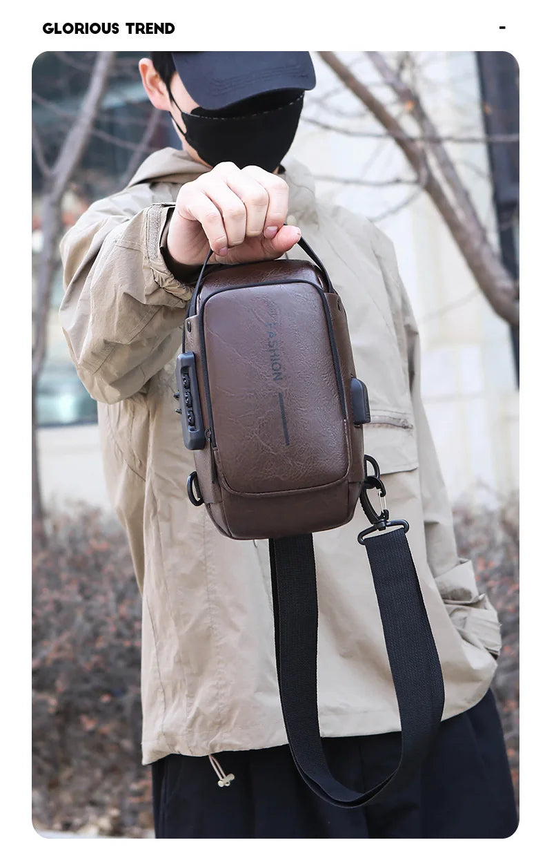 Brown faux-leather anti-theft sling bag with a built-in USB charging port and secure combination lock.