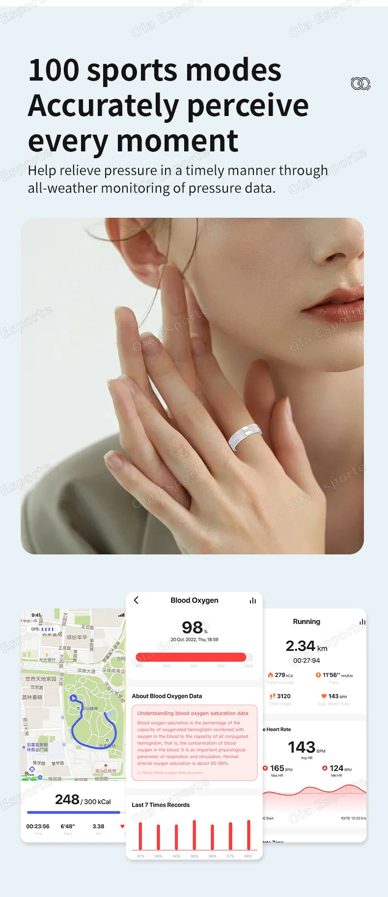 A sleek silver smart fitness ring worn on a finger, paired with mobile app screenshots showing health tracking data.