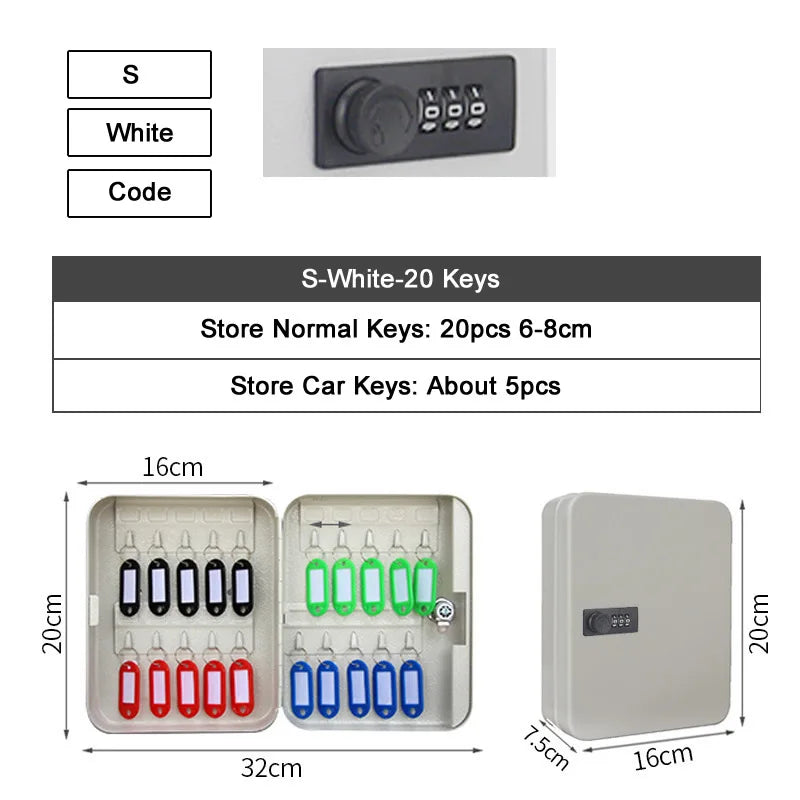 Small white metal key cabinet with a 3-digit combination lock, holding 20 key tags with hooks.