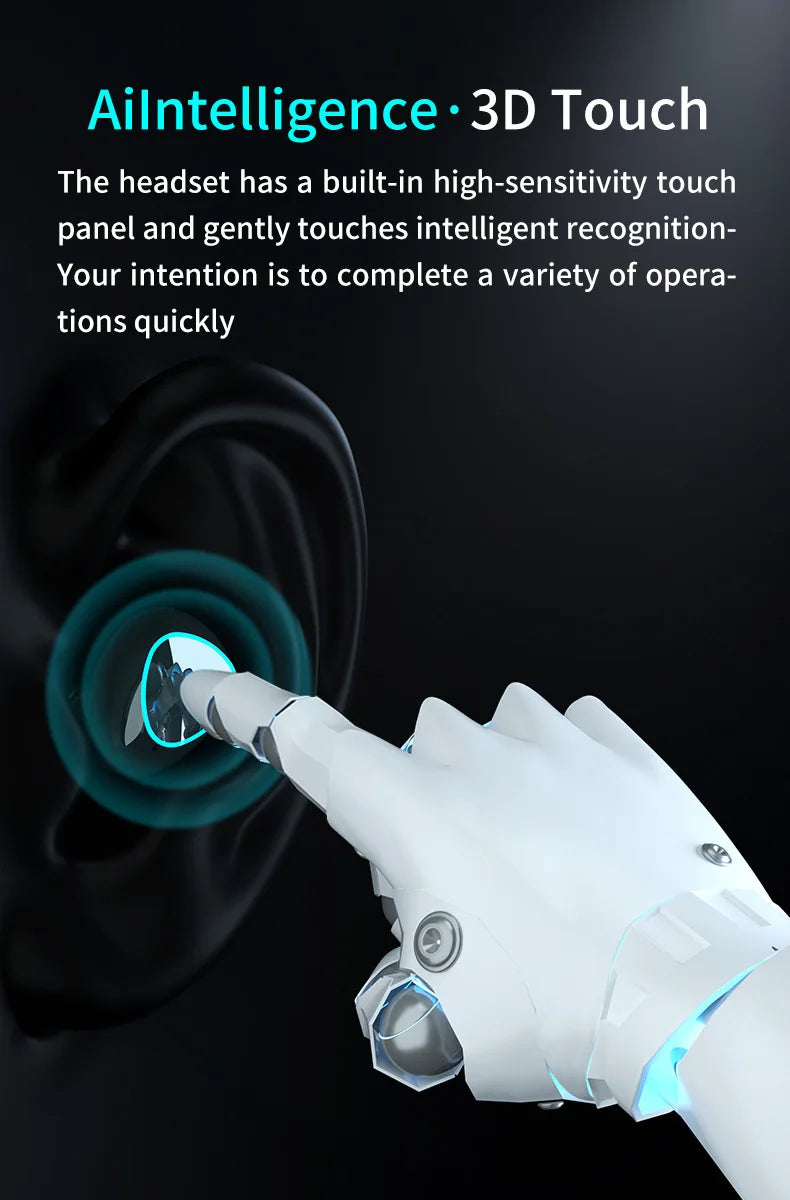 A white robotic hand touches a black wireless earbud in a ear, featuring glowing blue light effects on a black background.