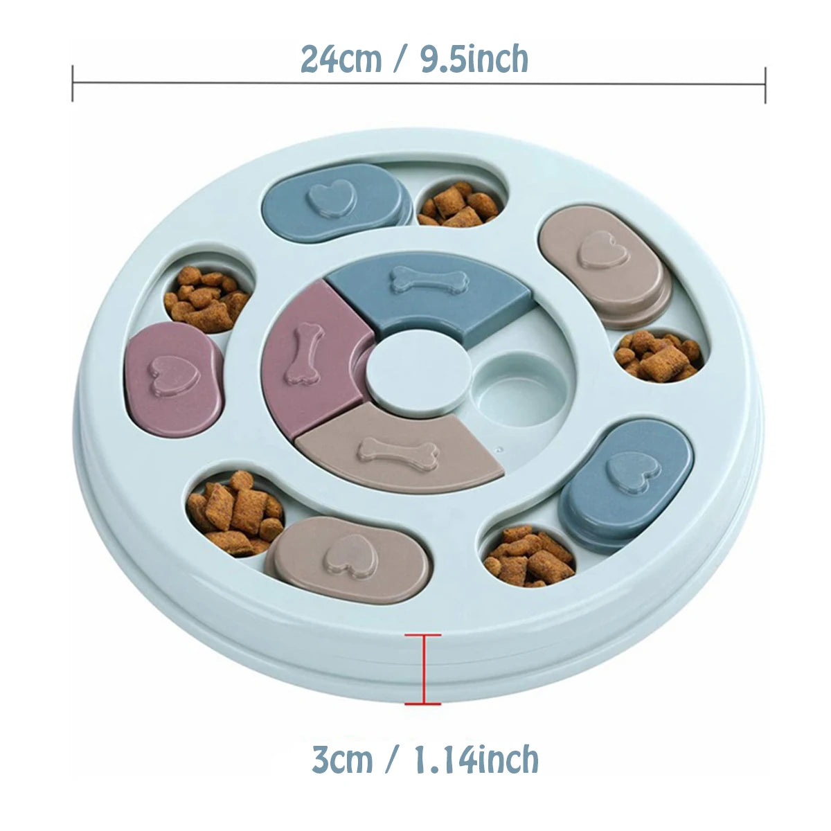 Round pastel blue interactive dog puzzle feeder with treat compartments and sliding lids. Diameter 24cm, height 3cm.