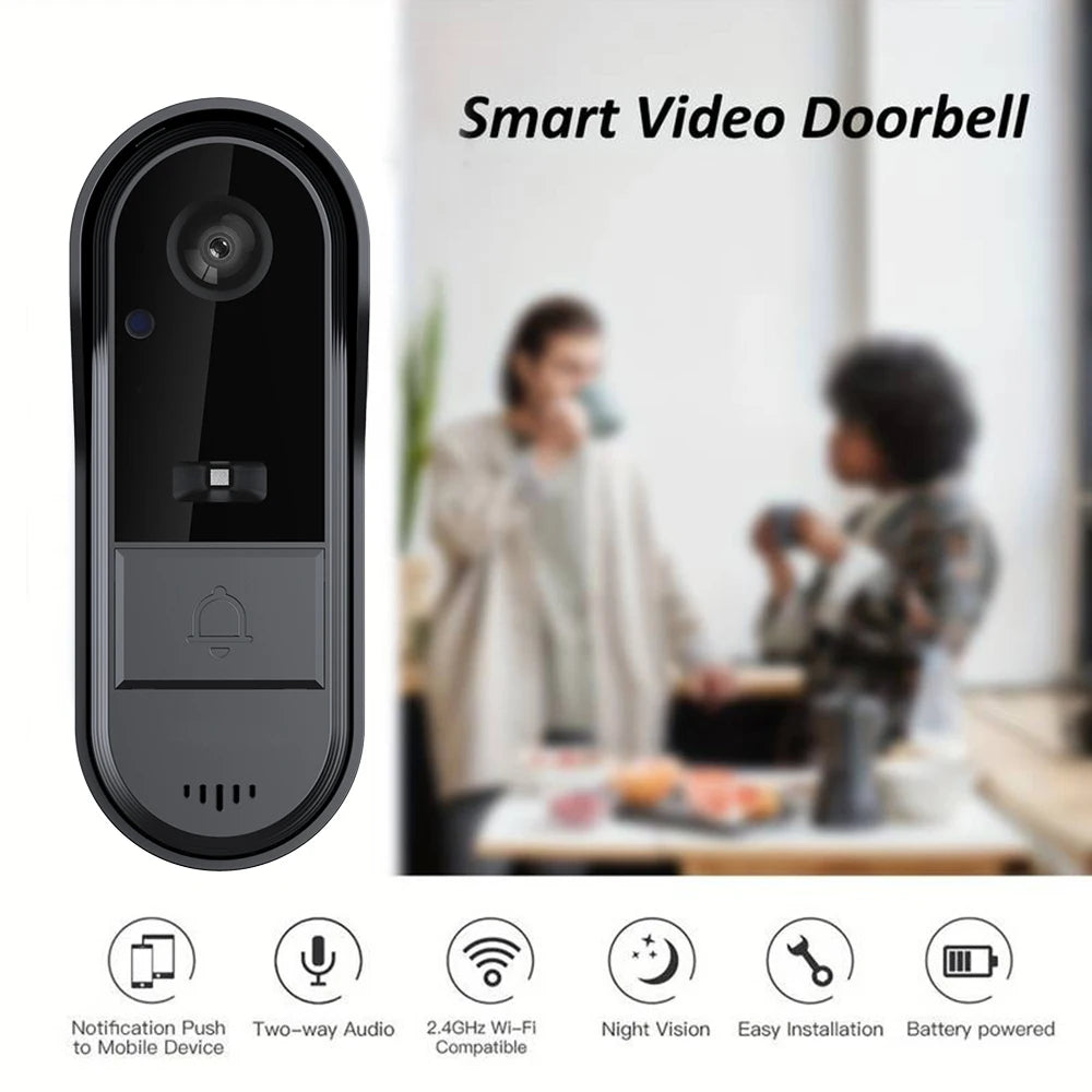 Sleek black wireless smart video doorbell with camera, two-way audio, night vision, and battery-powered installation.