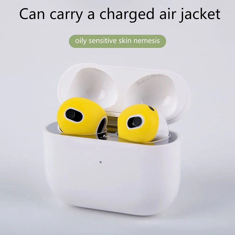 Bright yellow silicone skin covers for AirPods 3 in an open white charging case. Plain, minimalist design.