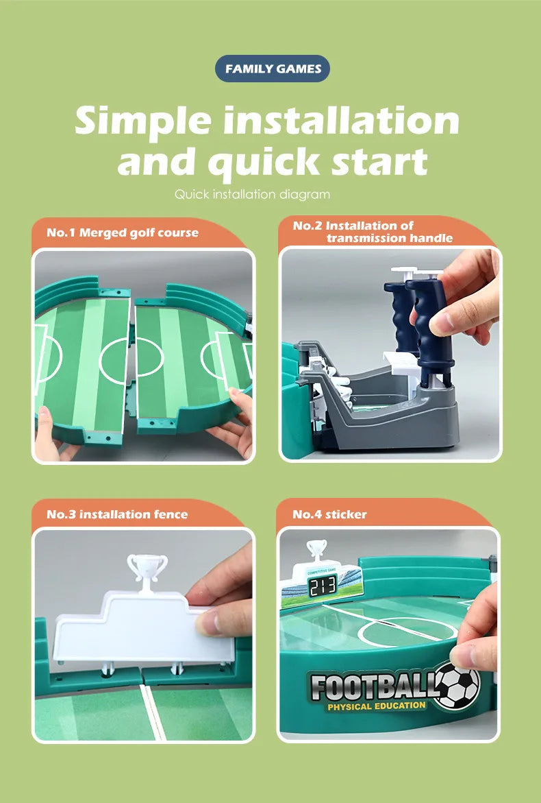 Installation steps for a green, compact table football game featuring handles, a score board, and pitch markings.