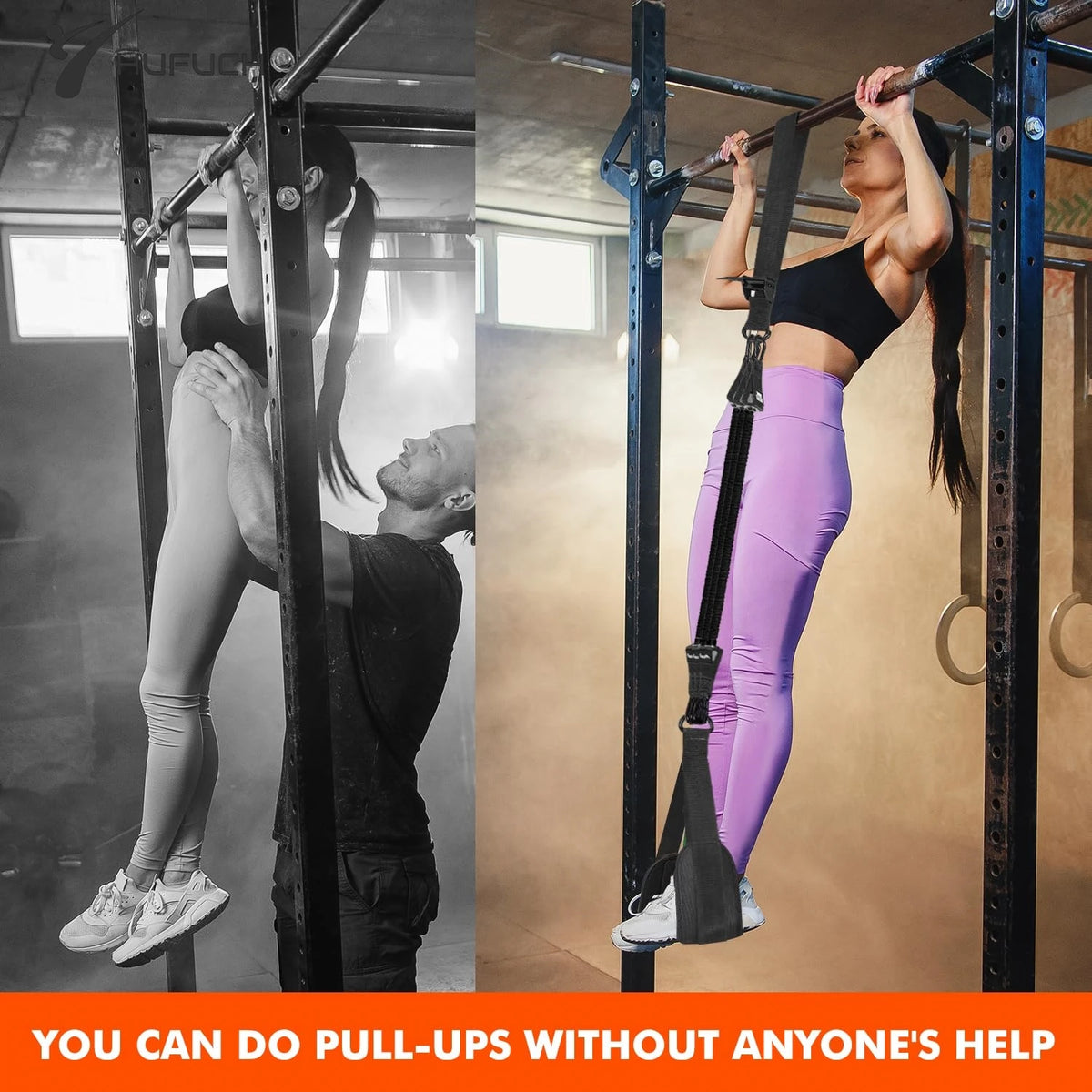 Black pull-up assistance resistance band set hanging from a gym bar, supporting a woman's foot.