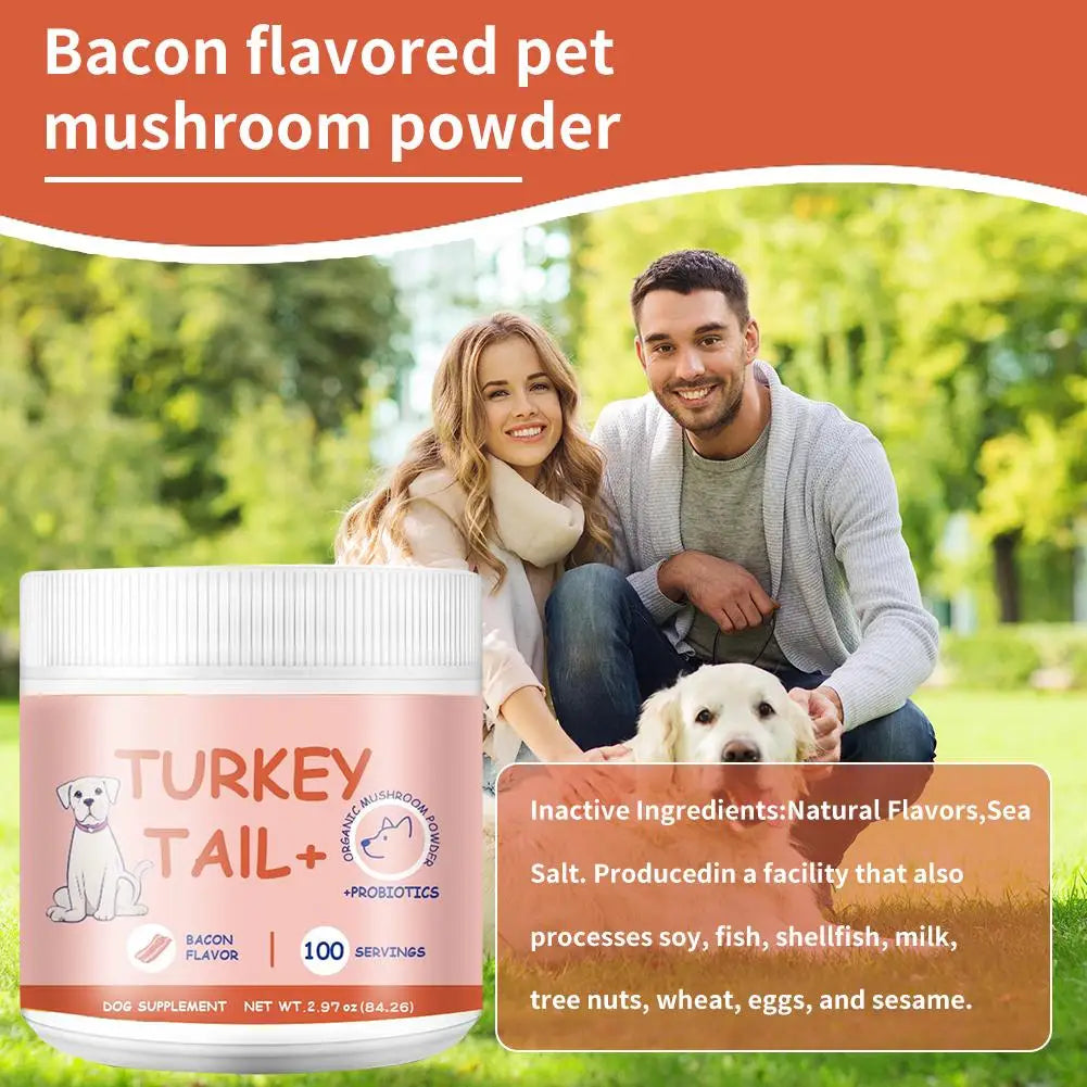 Bacon-flavoured turkey tail mushroom powder for dogs, in a light pink jar with 100 servings.
