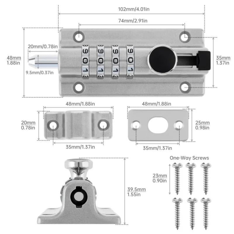 Silver metal combination door bolt lock with four number dials, mounting plates, and six one-way screws.