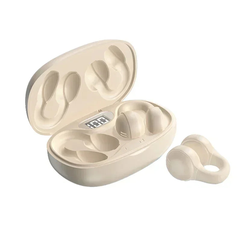 Beige wireless open-ear earbuds with a digital battery display case.