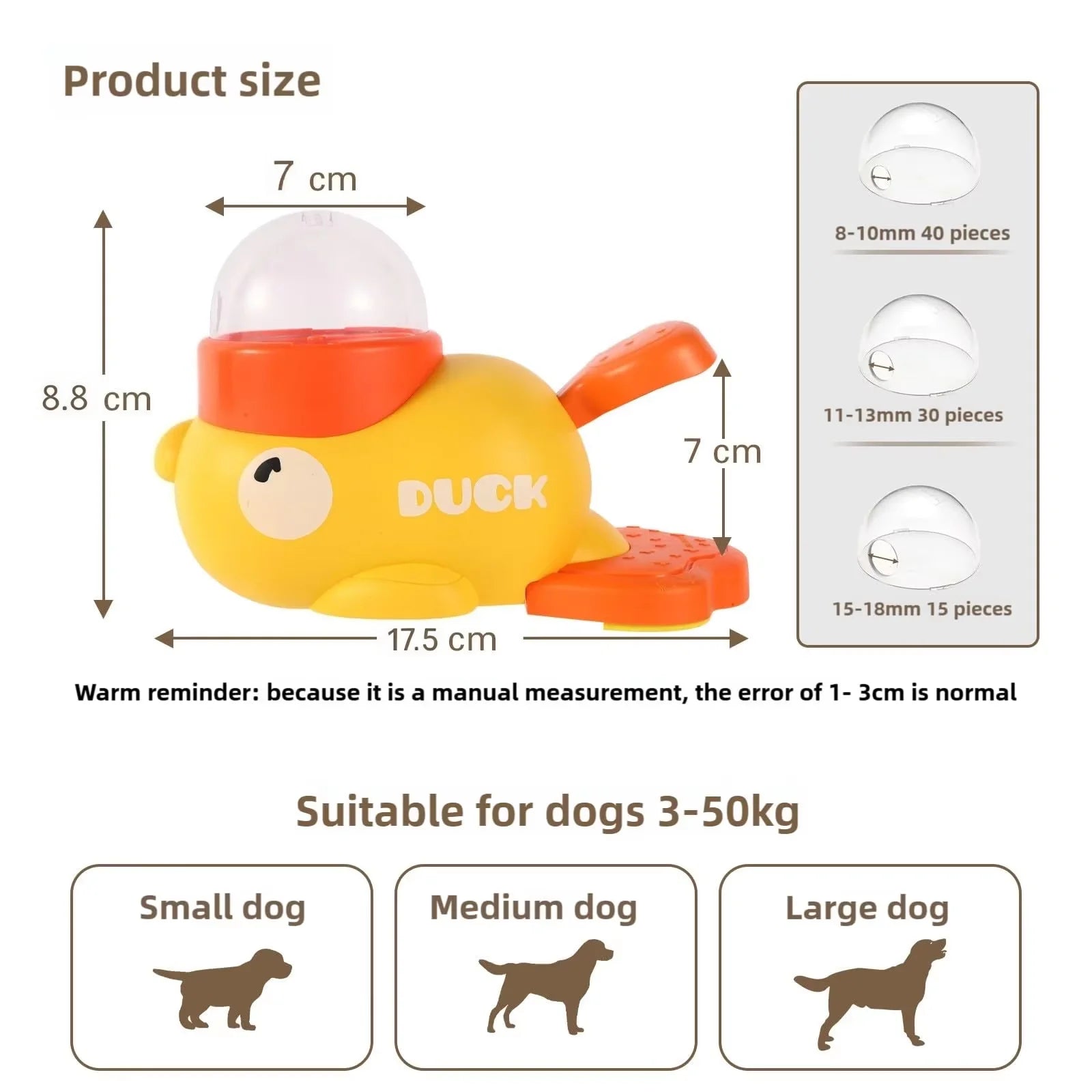Yellow duck-shaped dog treat dispenser with a clear dome top and orange accents, including dimension measurements.