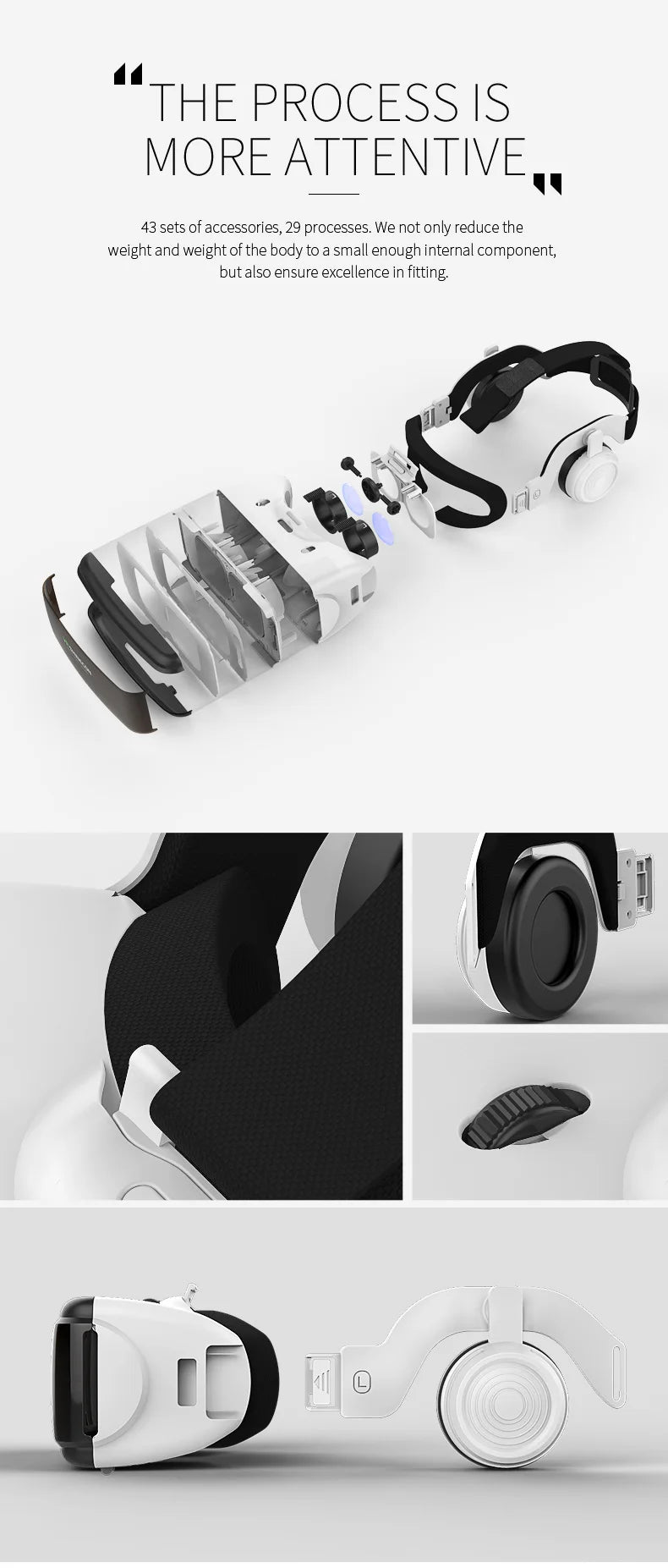 Exploded view of a white and black smartphone VR headset, showing padded straps, lenses, and adjustable dials.