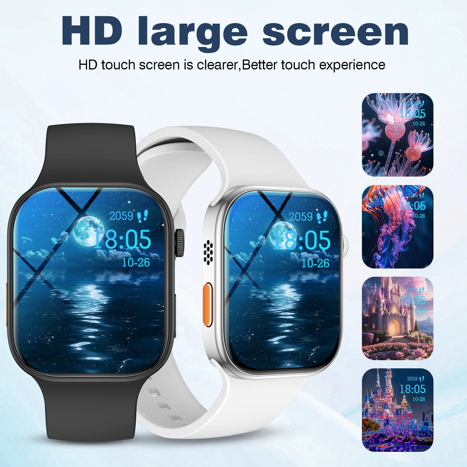 Two smartwatches with 2.02-inch HD touchscreens, one black and one white, featuring various custom display themes.