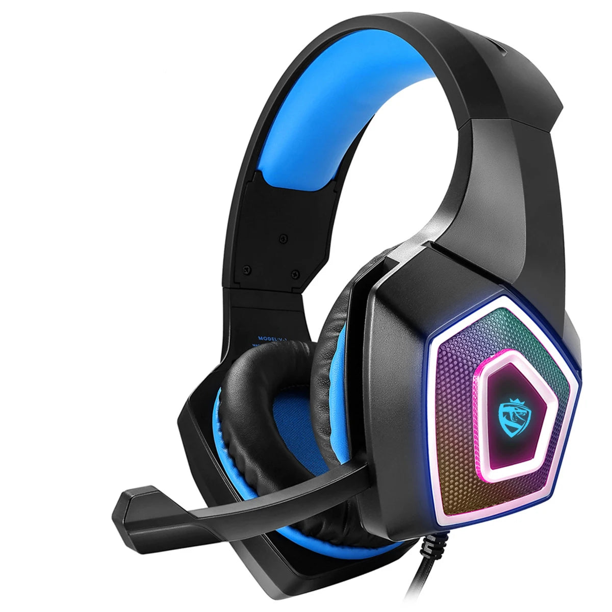 Black and blue wired gaming headset with comfortable padded ear cushions, a built-in microphone, and glowing RGB lights.
