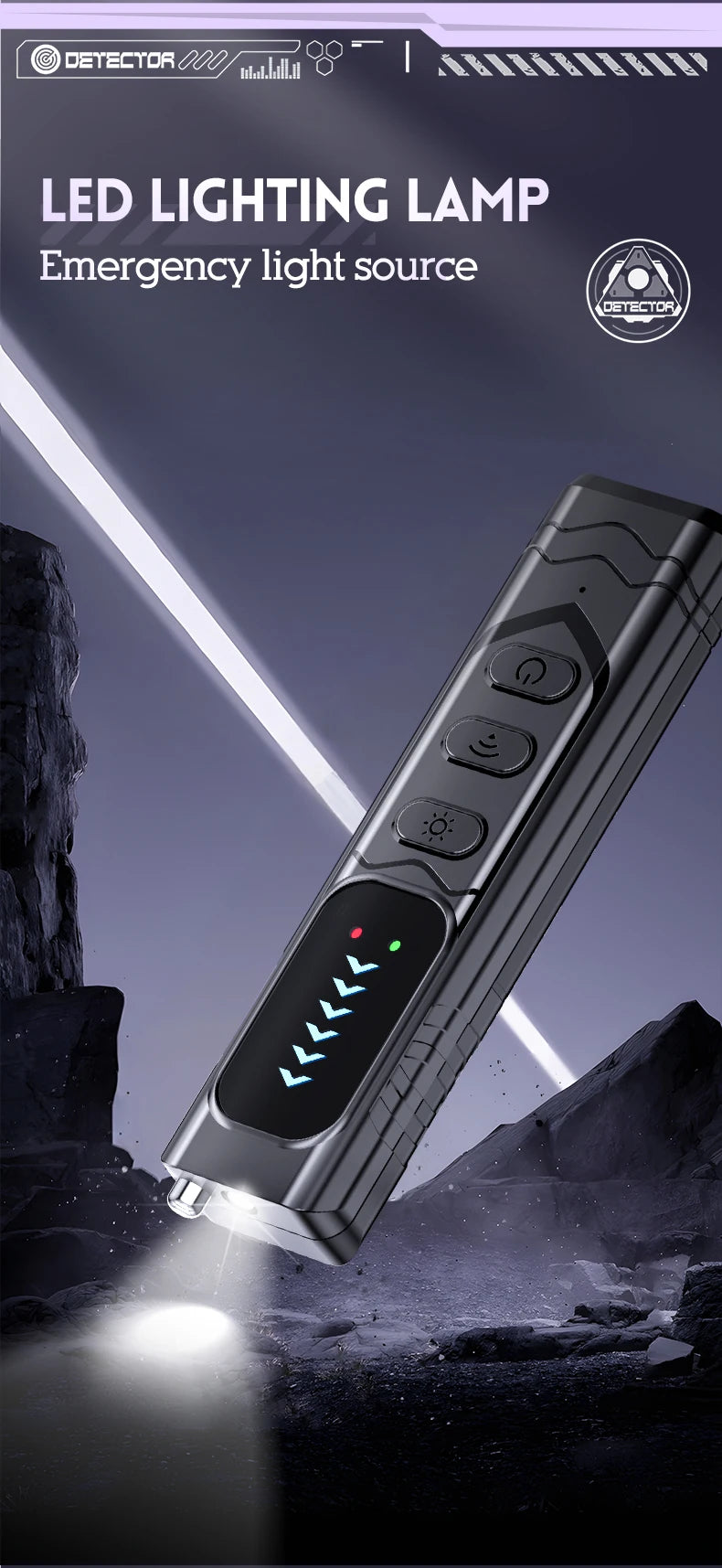 Black plastic handheld LED emergency flashlight with three control buttons and a digital indicator display.