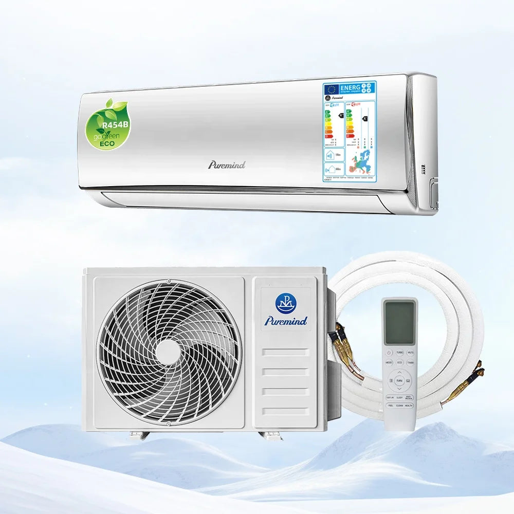 Sleek white smart inverter split air conditioner unit with outdoor condenser, connecting pipes and remote control.
