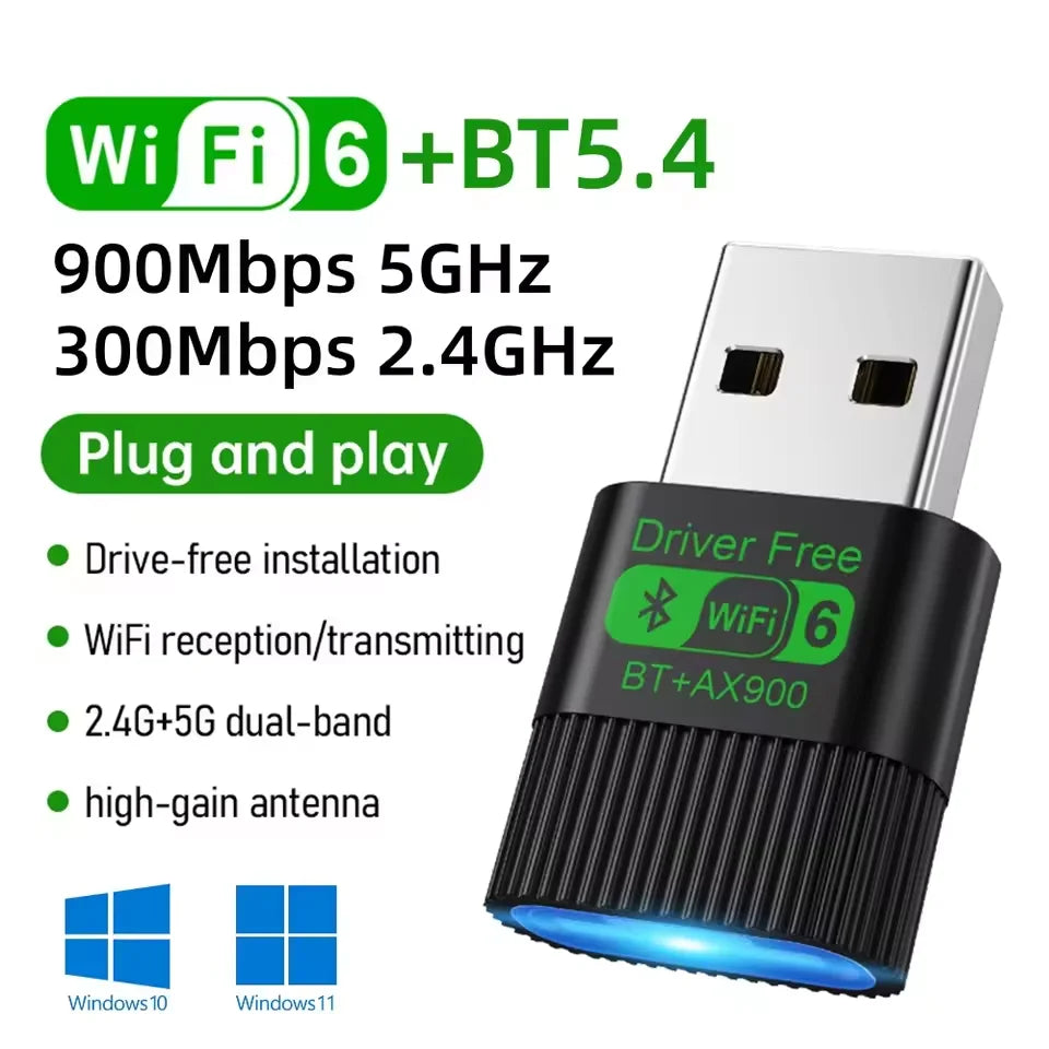 Compact black USB Wi-Fi 6 and Bluetooth 5.4 wireless adapter with green text and blue base light.