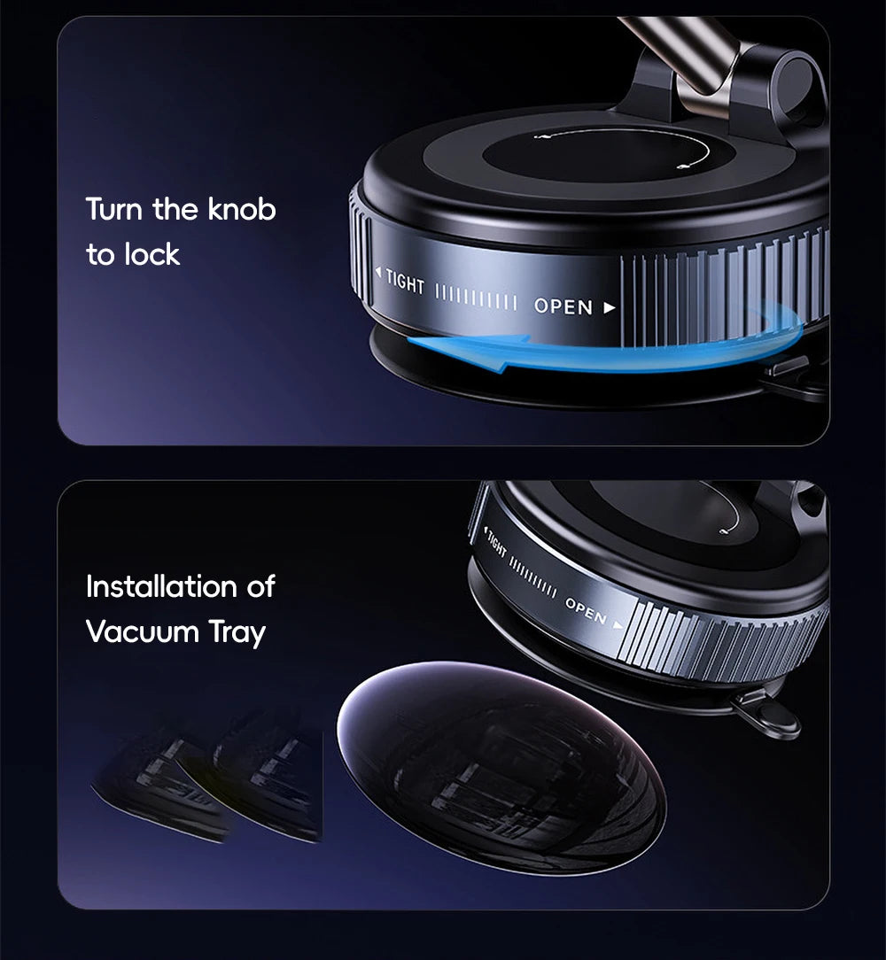 Black circular vacuum mount with a ribbed locking knob, designed for secure installation.