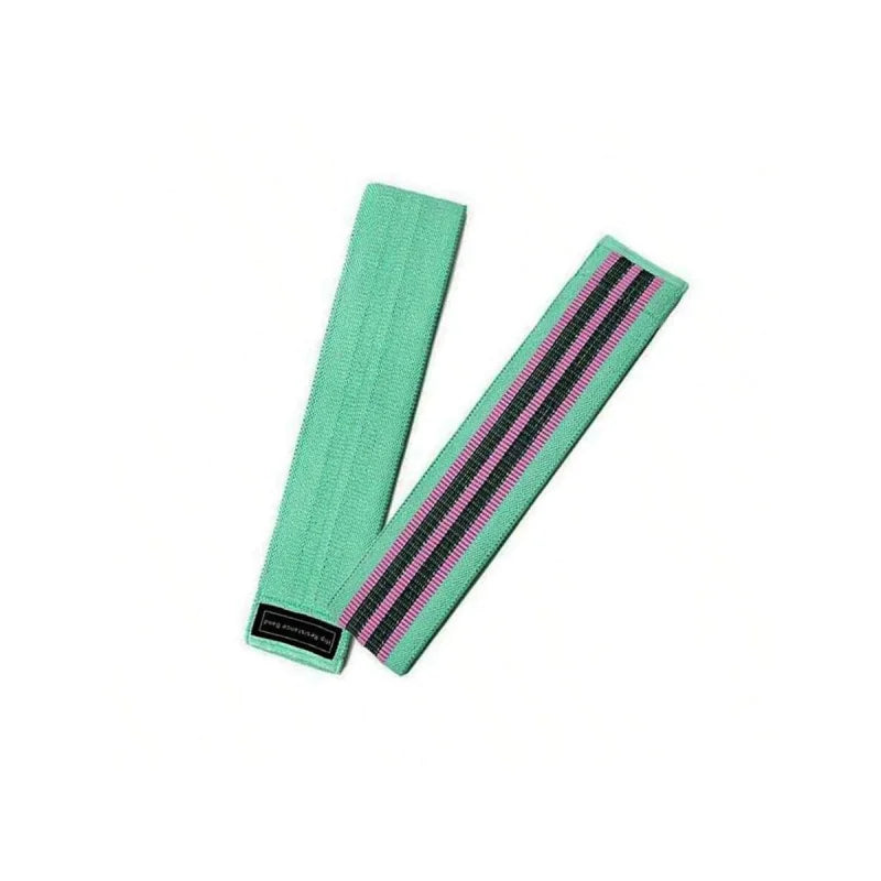 Two mint green fabric resistance bands with black and pink striped detailing.