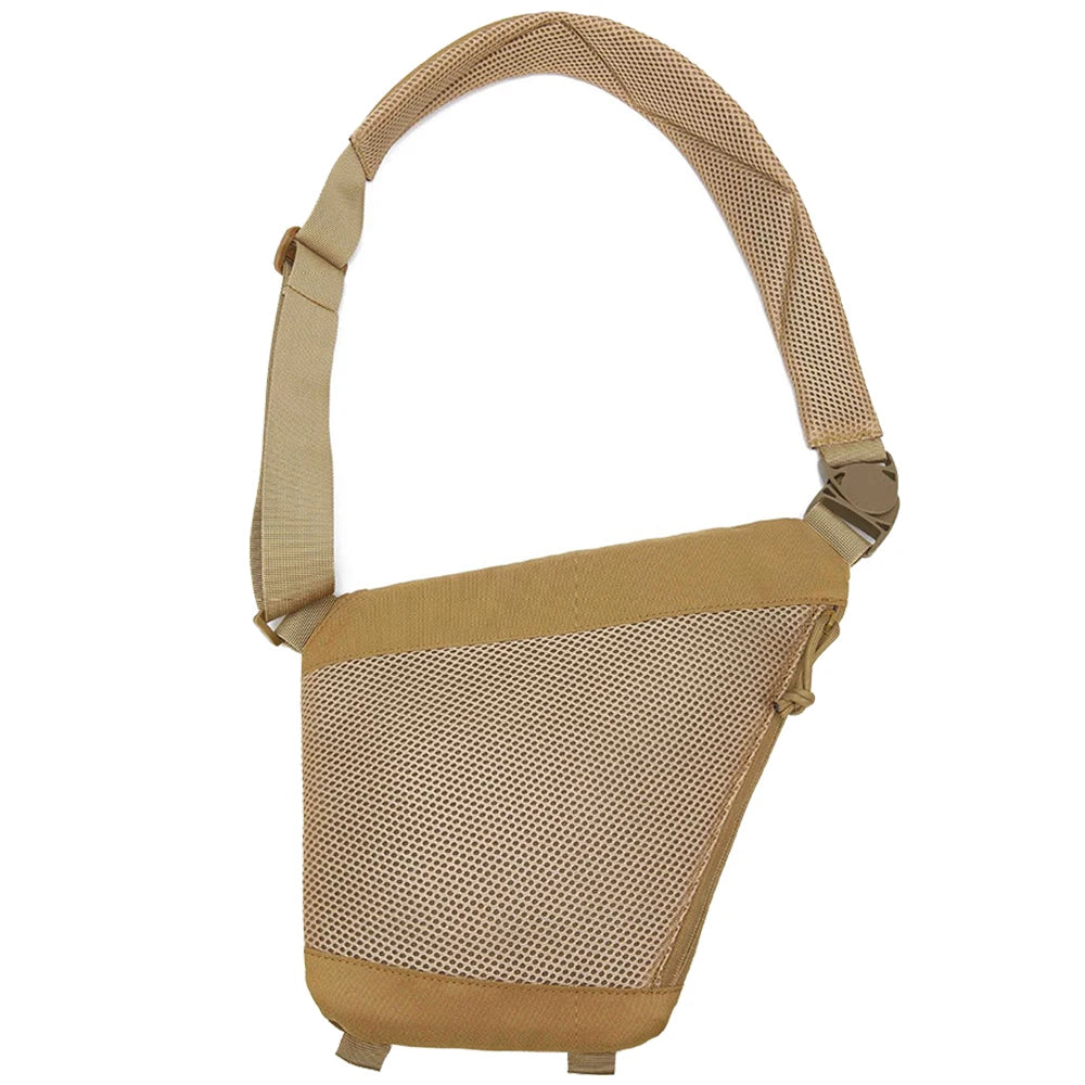 Tan tactical outdoor sling bag with mesh front panel, adjustable strap, and side-release buckle on a white background.