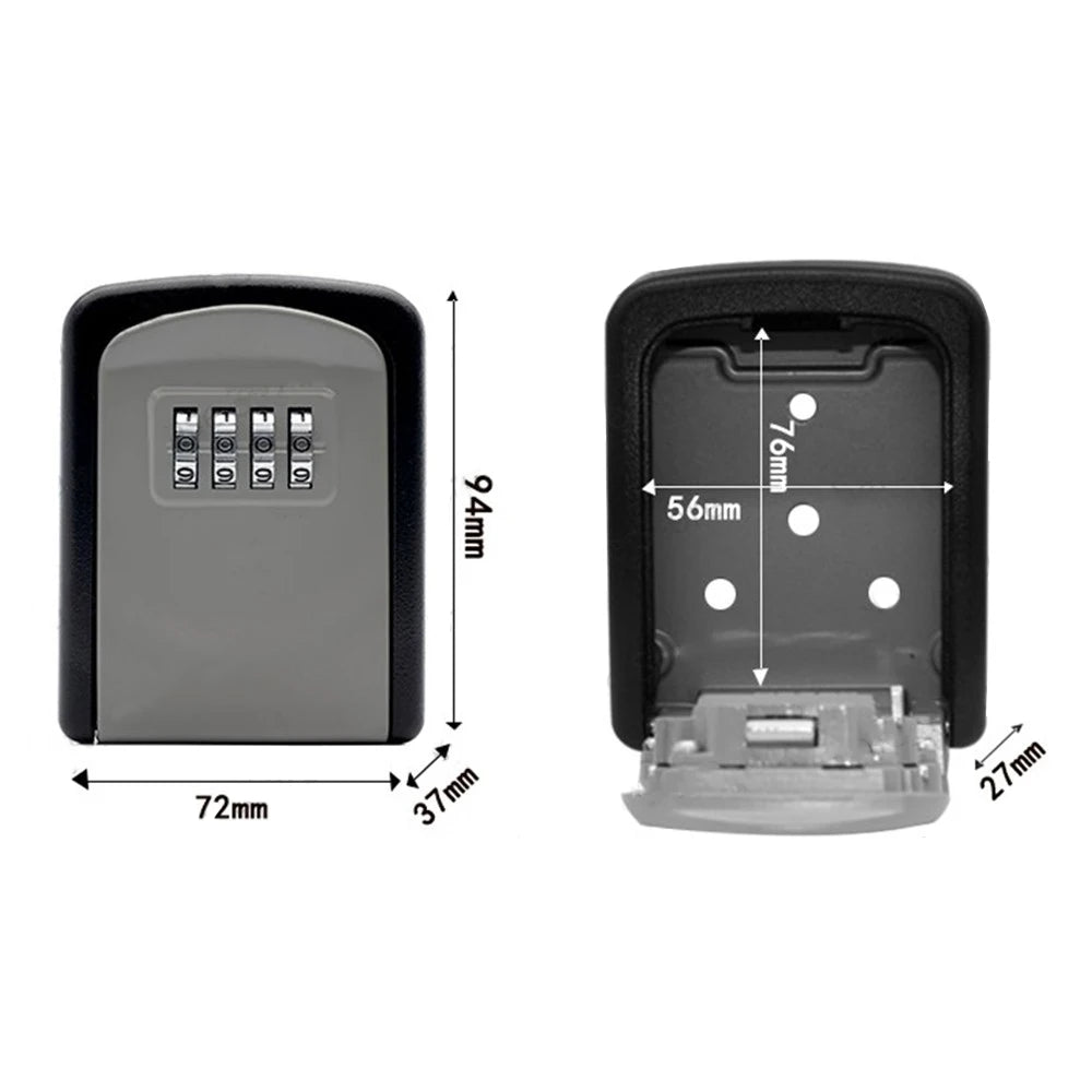 Grey and black metal wall-mounted key lock box with a four-digit combination dial, shown closed and open with specs.